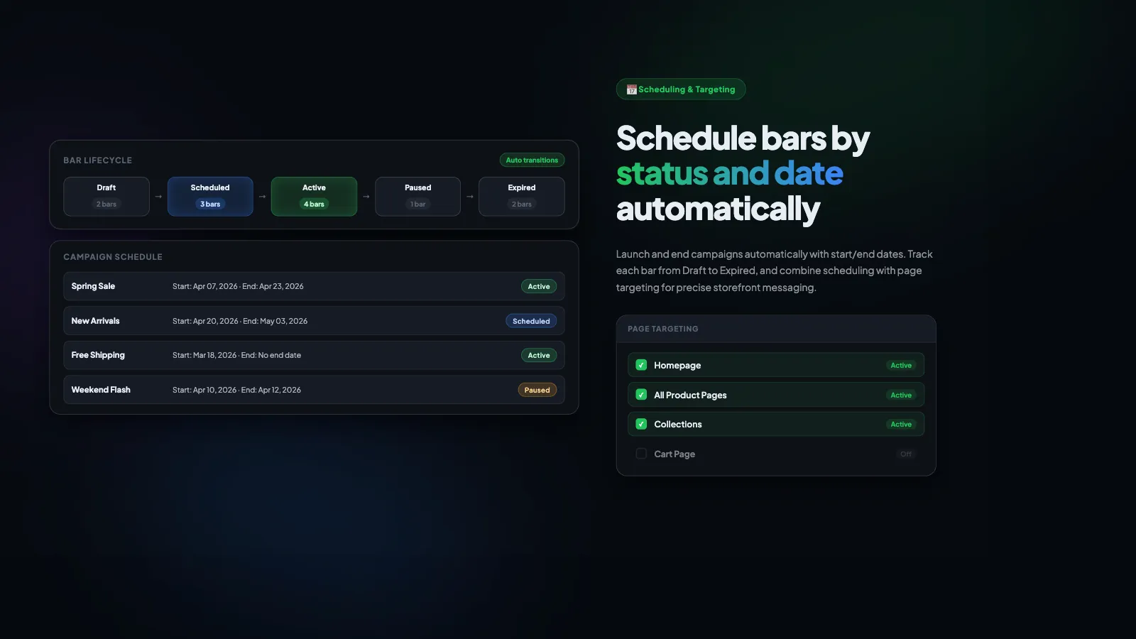The MSK: Announcement Bar Timer campaign screen: bar schedules with start and end dates, lifecycle statuses, and page targeting.
