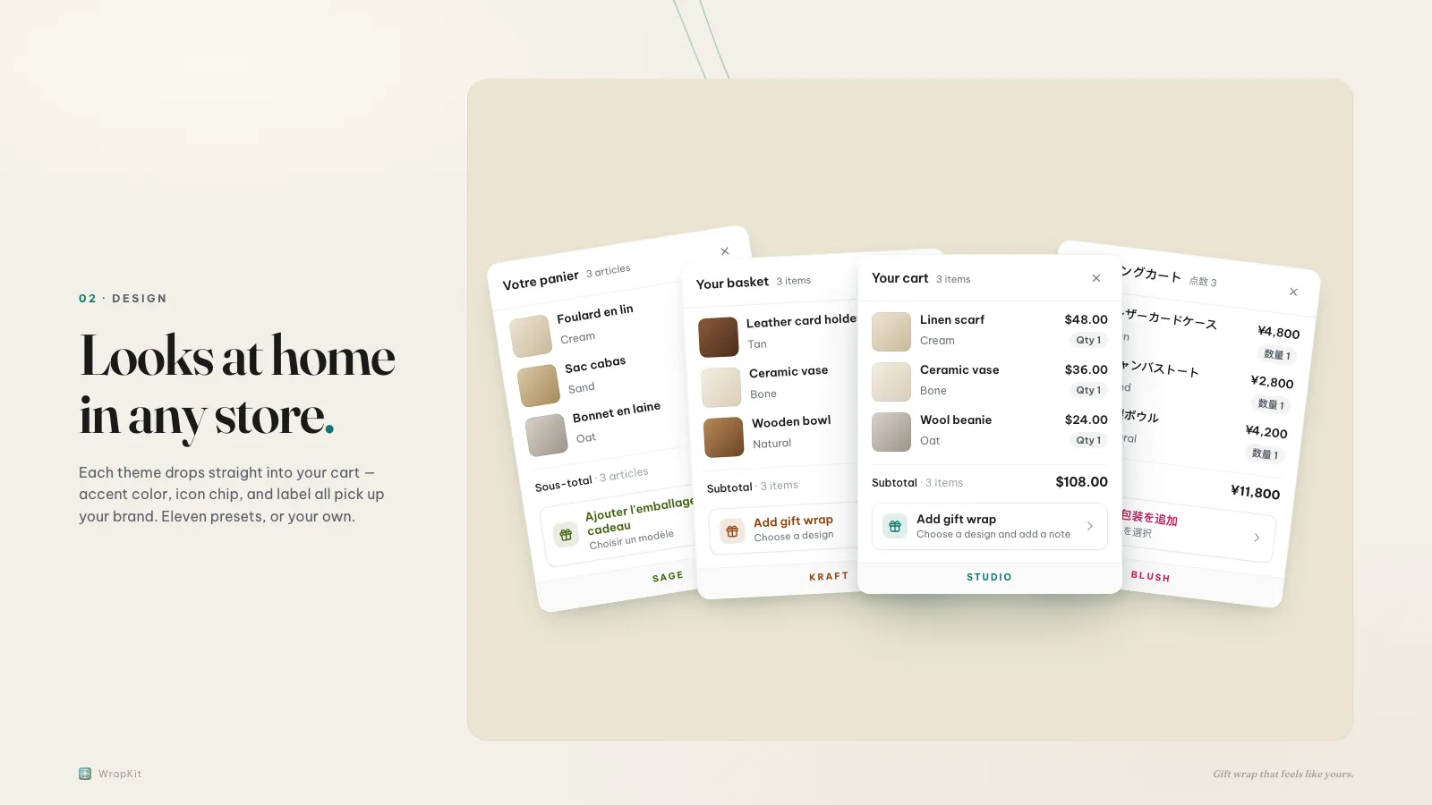 WrapKit gift wrap pickers in four theme presets: cart drawers in Sage, Kraft, Studio, and Blush, each with an Add gift wrap option.